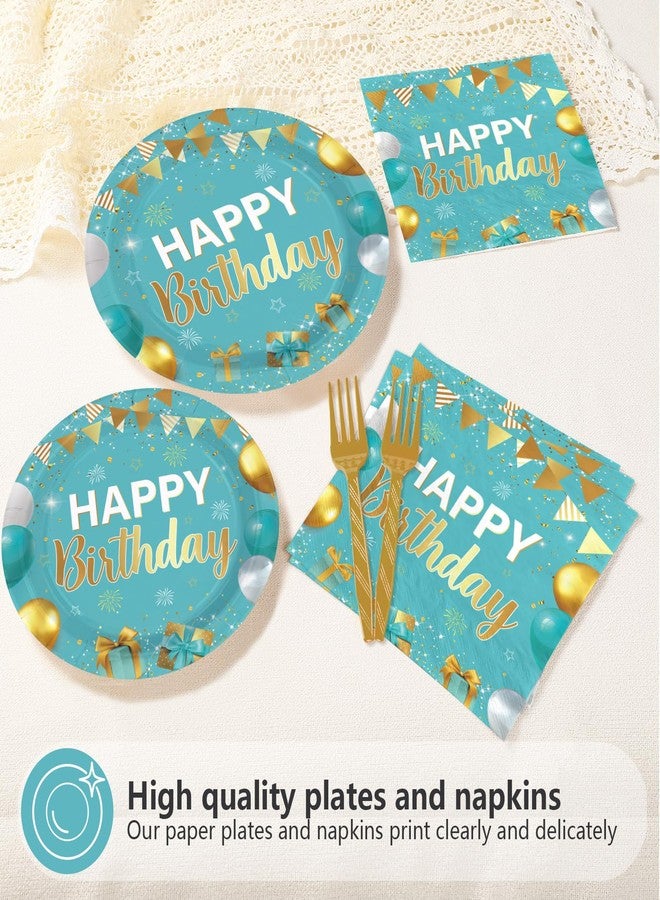 Greencian 96 Pcs Teal Blue and Gold Birthday Party Supplies Happy Birthday Plates and Napkins Disposable Turquoise Aqua Teal Tableware Set for Men Women birthday Party Decorations Serves 24 - Image 3